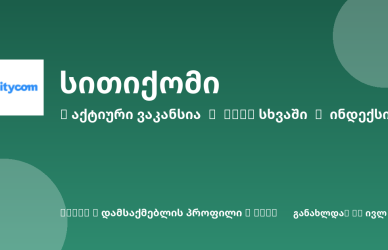 Citycom banner with a white square logo on the left and large Georgian headline on a green background, plus two lines of smaller Georgian text and decorative circles.