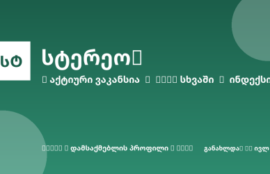 Green banner with a white square logo, large Georgian title, two subtitle lines, and circular decorative shapes on a dark green background.