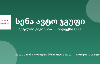 Georgian ad banner with Sena Auto logo on left, large white headline text in the center on a green background with circular shapes.